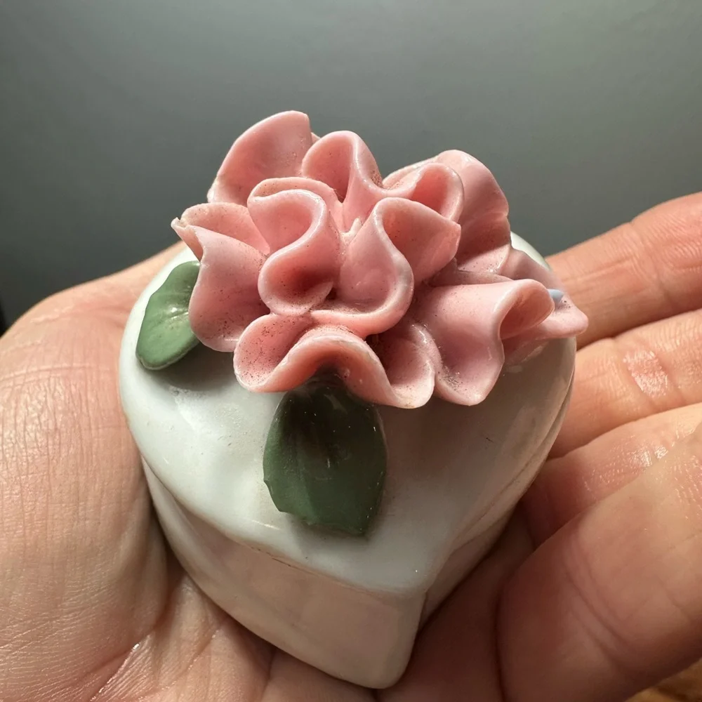 Porcelain Heart Trinket Box with Pink Rose